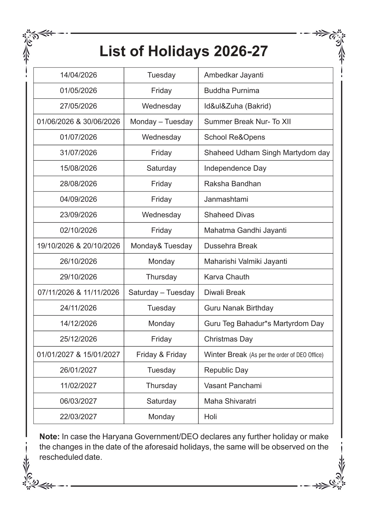 Holidays List 2026-27